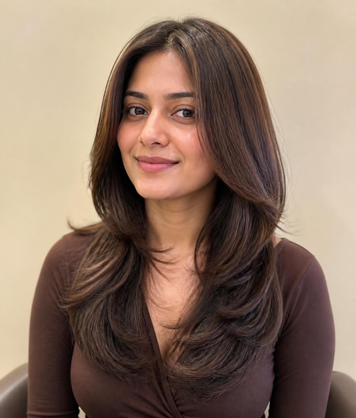 Client after a professional haircut, colour and styling at HAIR STORY