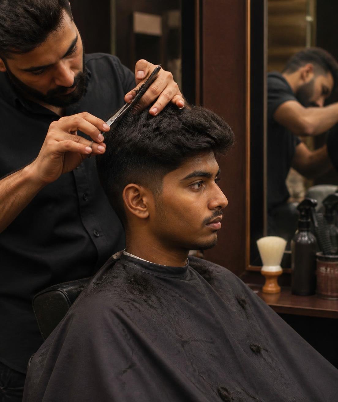 Men's precision haircut in progress at a Kolhapur salon
