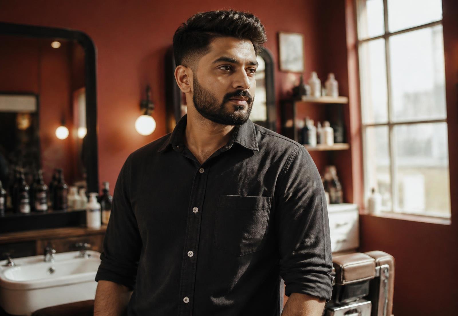 Man with a modern textured haircut and groomed beard in a professional salon