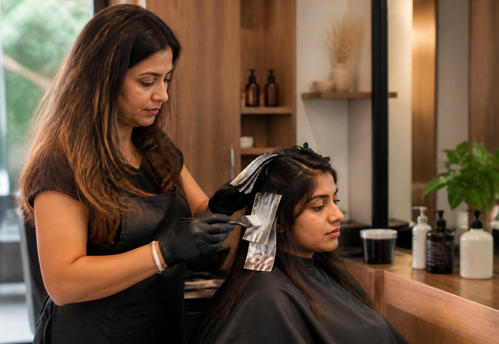 Professional stylist applying hair colour to a client in Kolhapur