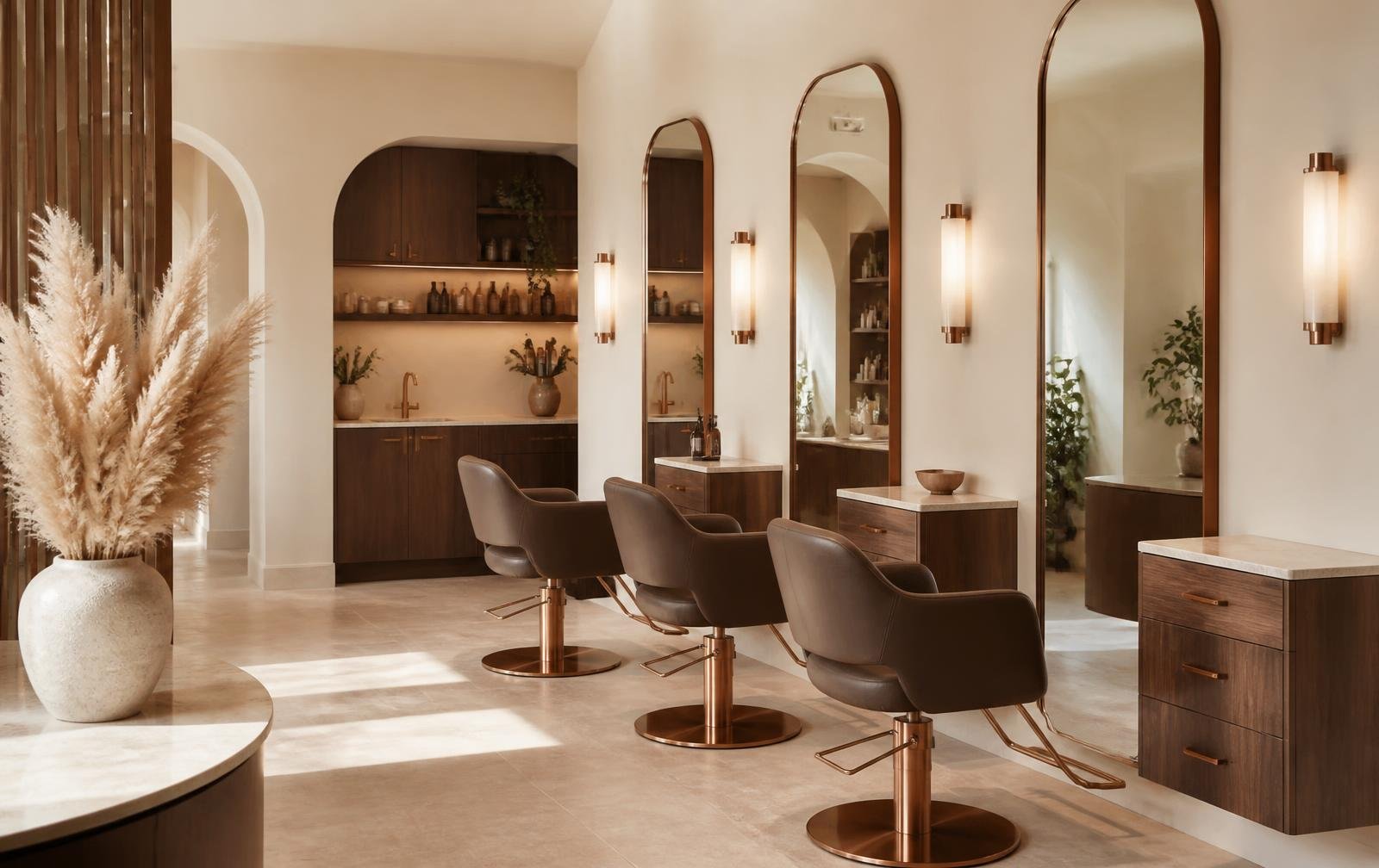 Warm ivory and mocha interior of HAIR STORY Professional Salon in Kolhapur