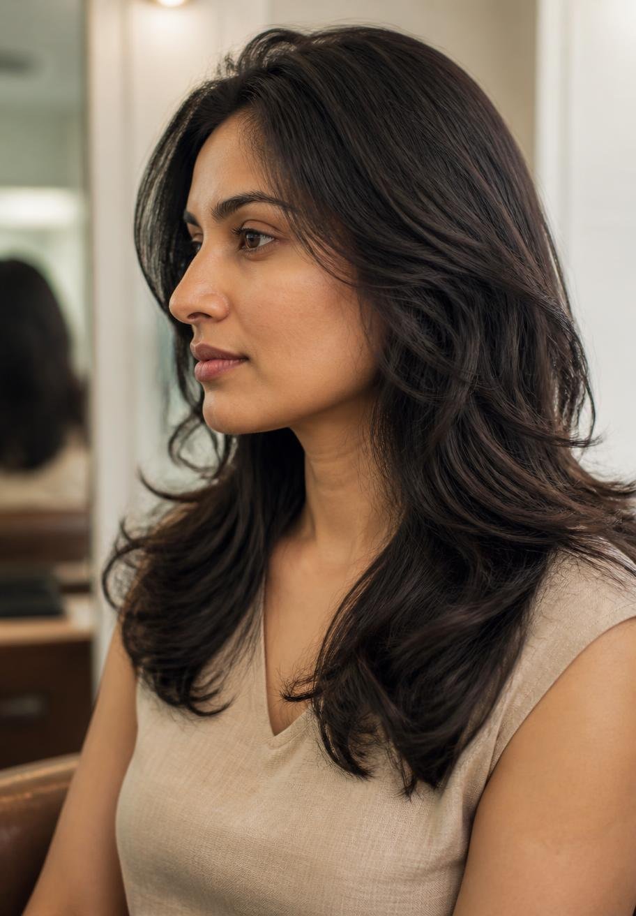 Editorial portrait of a woman with soft blow-dried waves styled in Kolhapur
